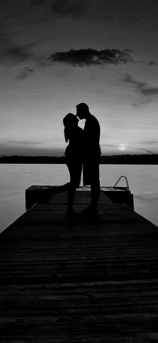 couple, kiss, love, pier, silhouette, lake, nature, black and white