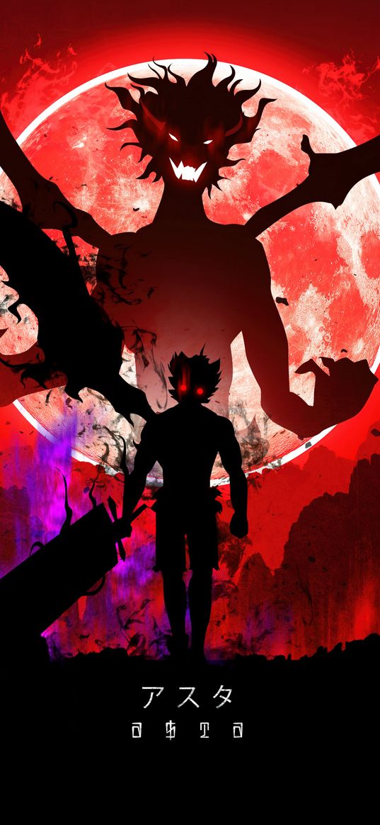 asta, black clover, anime, guy, warrior, sword, demon, moon, silhouette, red, black, art