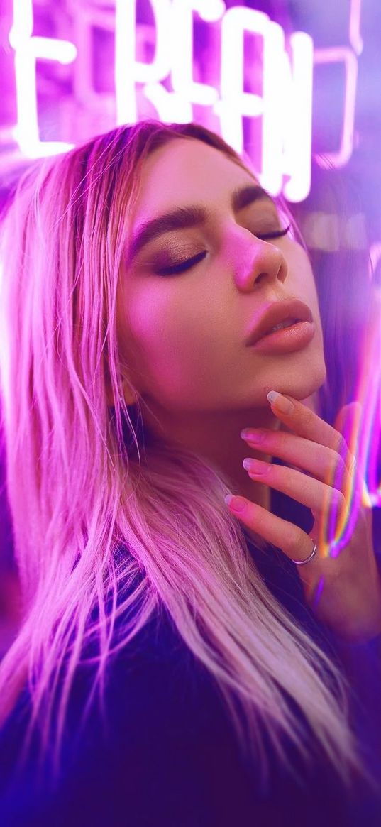 blonde, girl, neon, beautiful, closed eyes