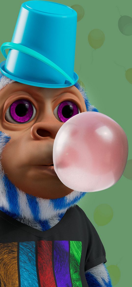 monkey, animal, gum, bubble, bucket, art