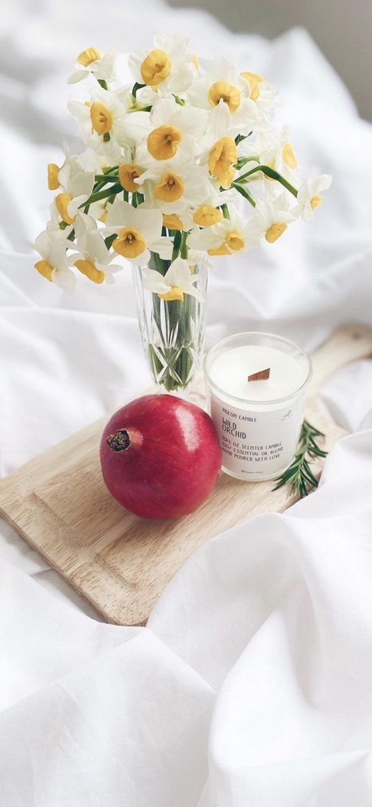 pomegranate, candle, flowers, aesthetics