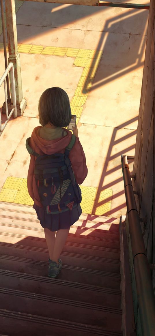 girl, anime, art, ladder, backpack, phone