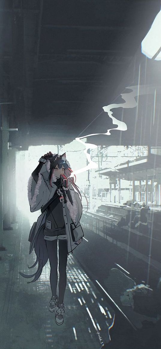 texas, arknights, game, anime, neko, girl, jacket, station, rain, art