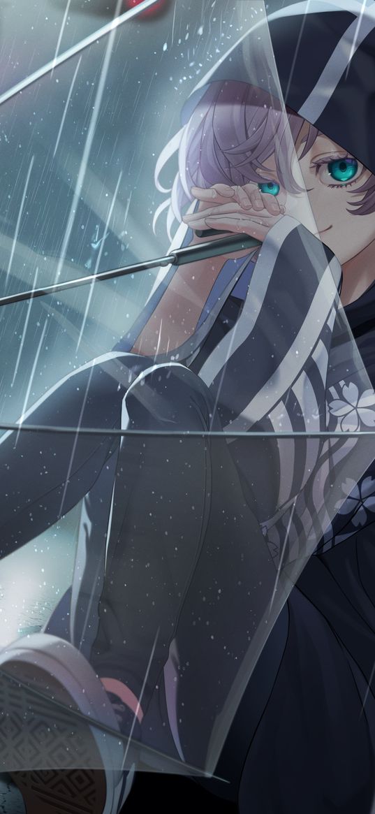 akashi senju, tokyo revengers, anime, girl, hood, green eyes, umbrella, rain, art