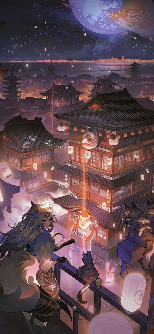 kitsune, cats, girl, balcony, city, moon, night, japan, anime, art