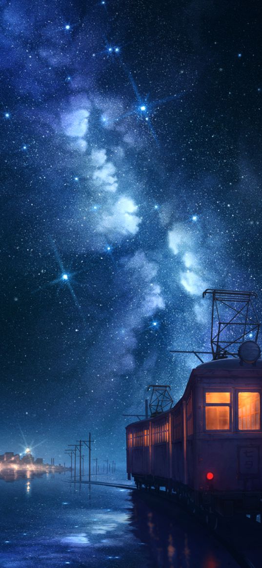 tram, sea, city, rails, milky way, starry sky, stars, fantasy, anime, art