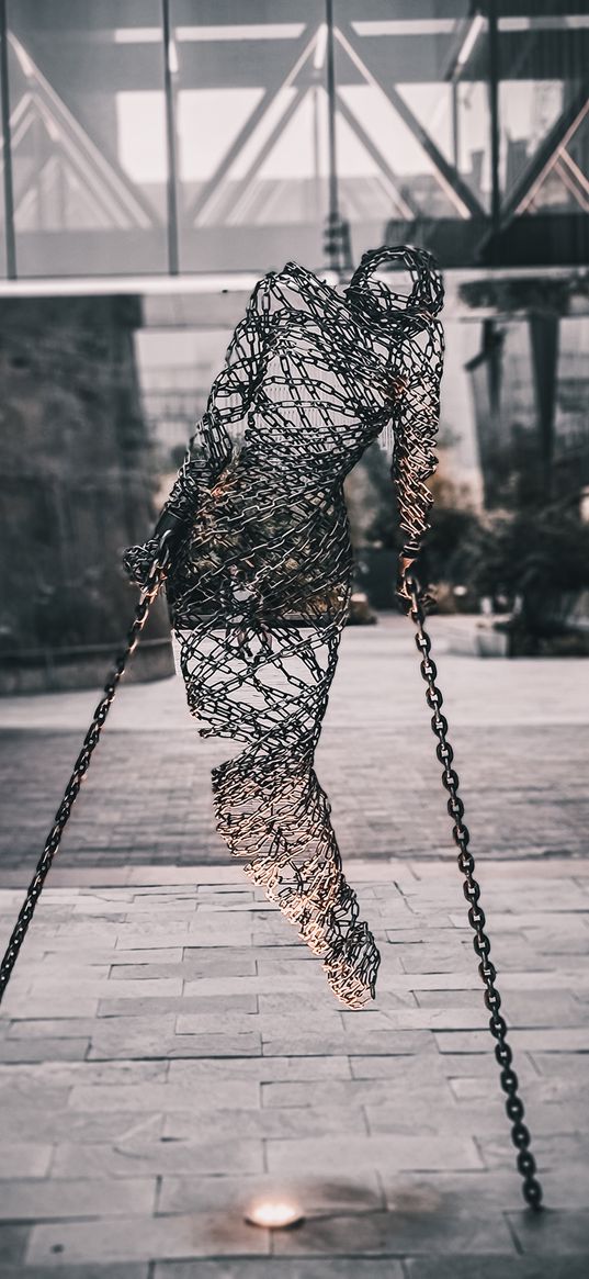 sculpture, chains, art, building, street