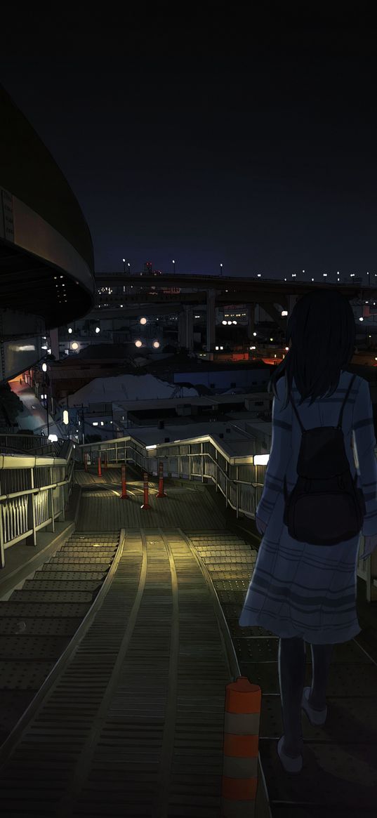 girl, backpack, bridge, lanterns, city, night, anime, art