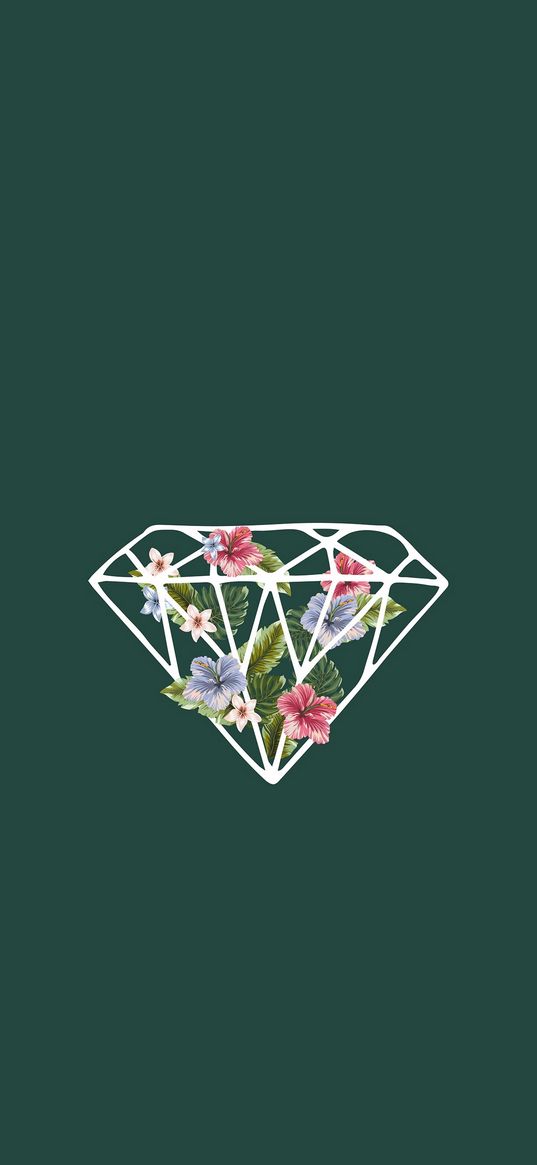 flowers, diamonds, jewel, green background