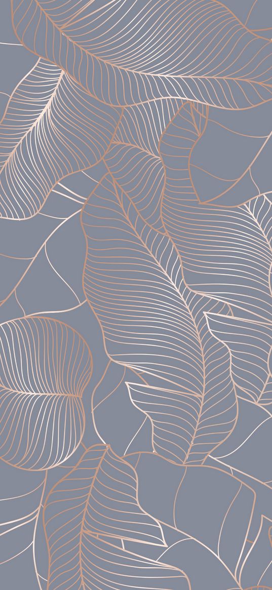 leaves, lines, pattern, gold, gray background