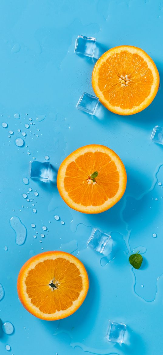 orange, fruit, ice, food, blue background