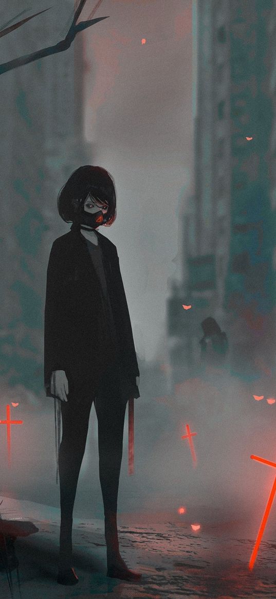 girl, anime, art, respirator, city, smoke, cross, neon