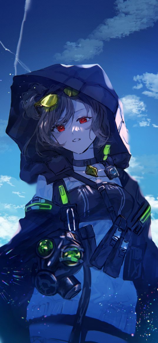 p90, girls frontline, game, anime, girl, red eyes, hood, gas mask, clouds, sky, art