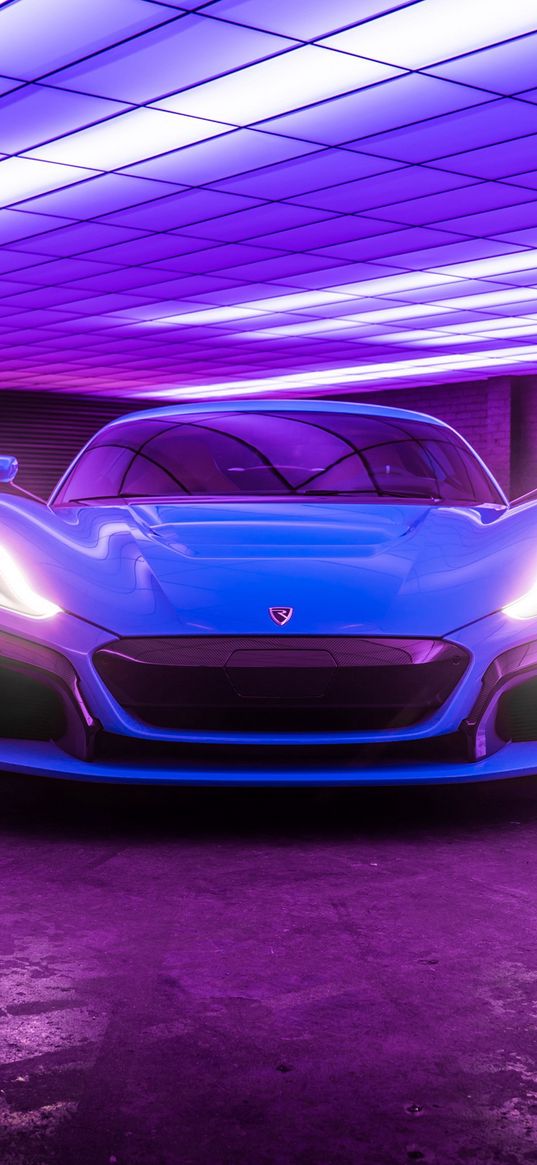 sports car, car, blue, headlights, garage, neon, purple