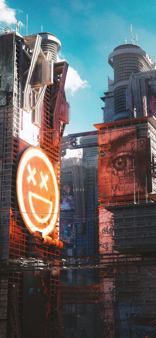 buildings, emoticons, eye, art