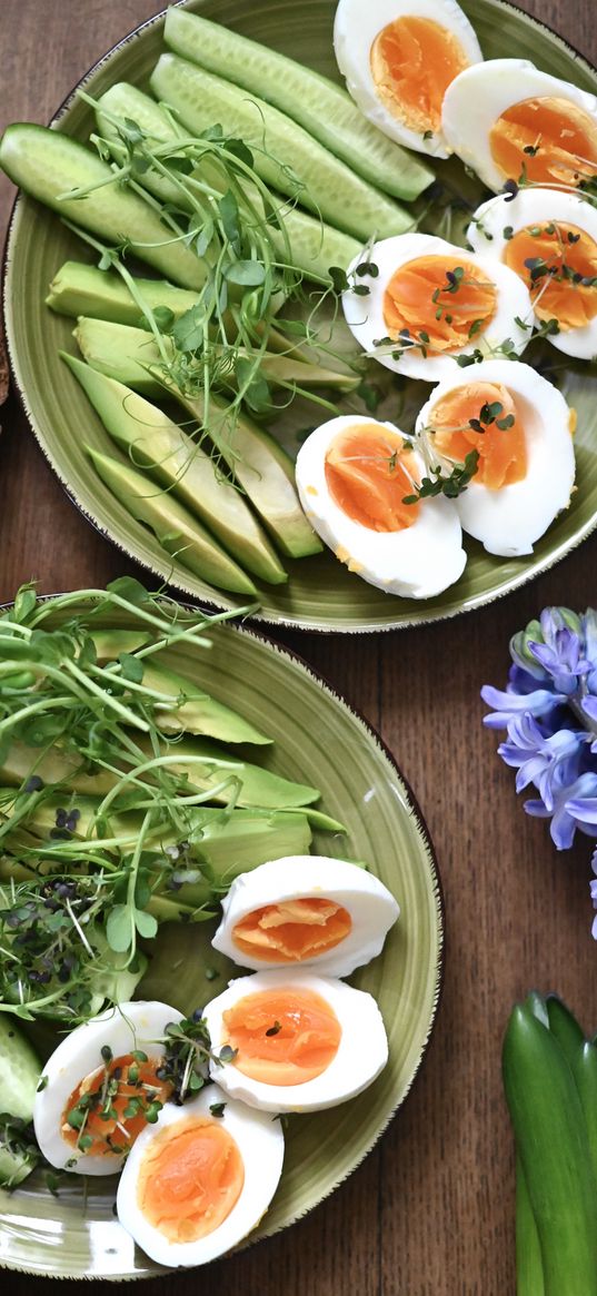 eggs, cucumber, avocado, flower, breakfast, food