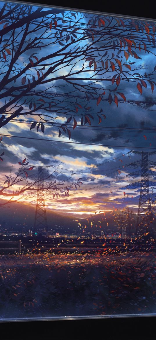 window, tree, leaves, power lines, wires, city, autumn, clouds, sunset, anime, art