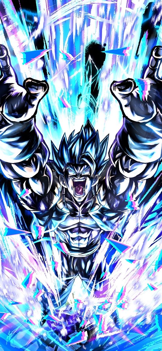 gogeta, dragon ball, anime, art, scream, shards, glow