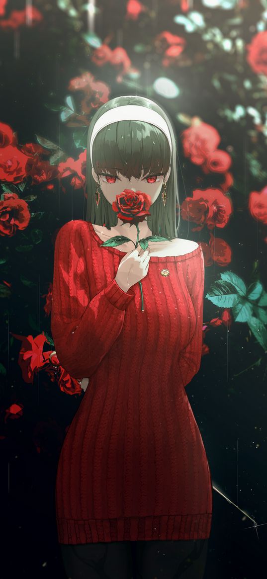 yor forger, spy x family, anime, girl, art, rose, red