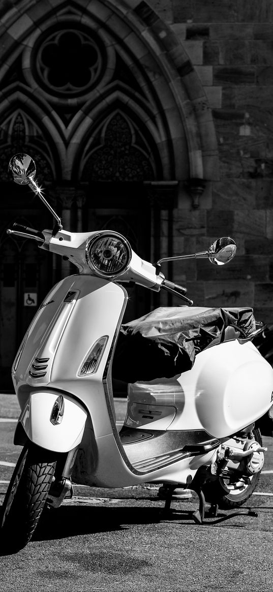 moped, headlight, black and white