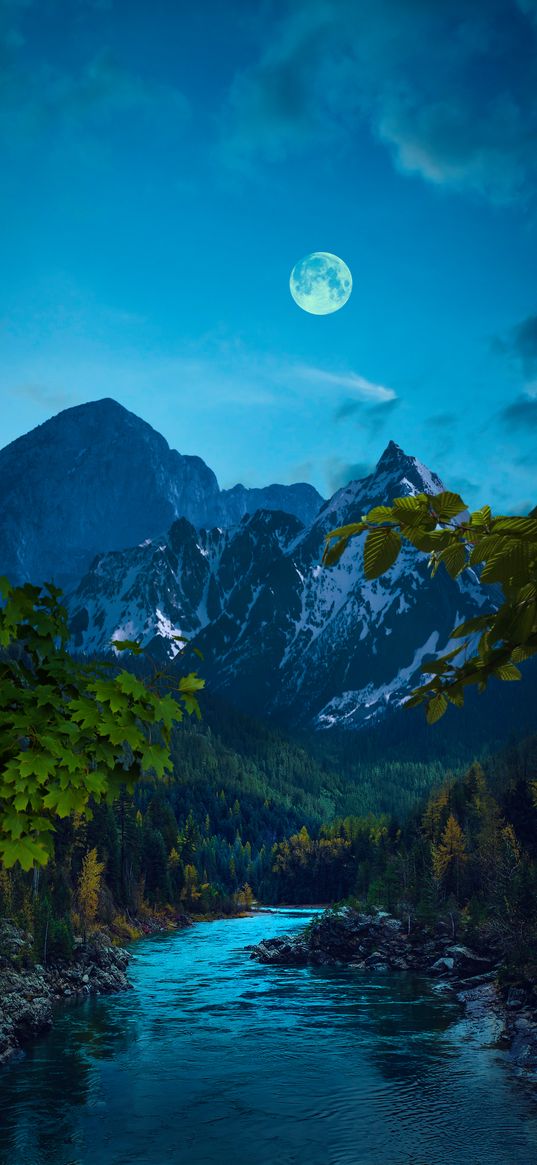 river, forest, mountains, snow