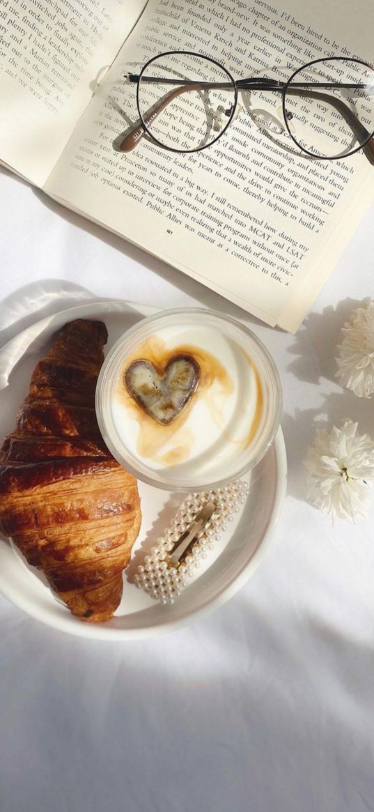 coffee, cappuccino, heart, croissant, aesthetics