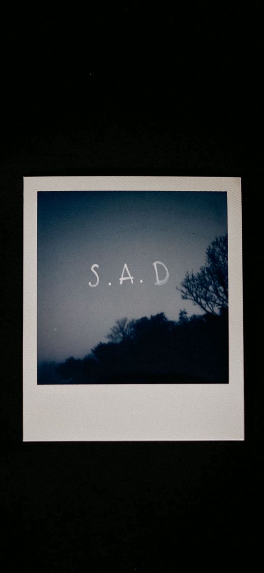 photo card, polaroid, sad, black background