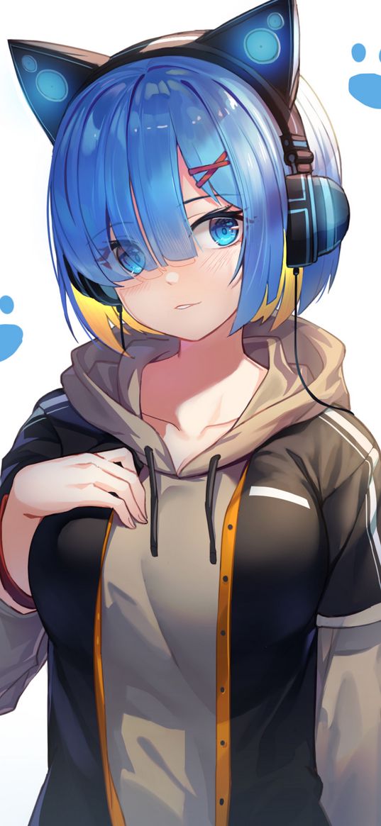 rem, re zero, anime, girl, art, headphones, paws