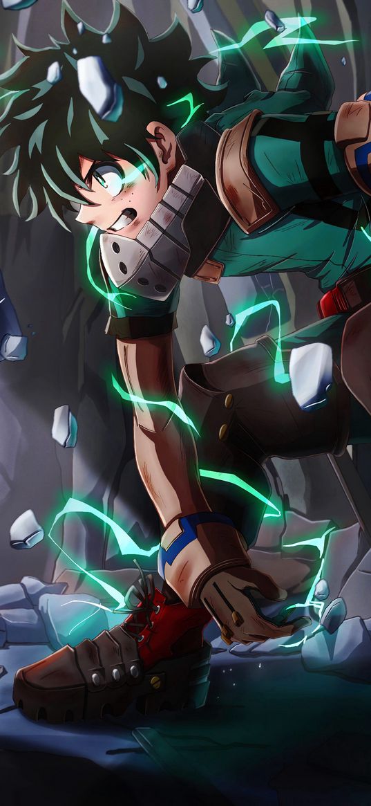 izuku midoriya, my hero academia, anime, guy, green hair, armor, lightning, ducked, stones, art