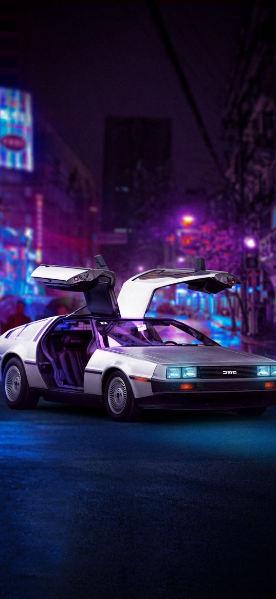 delorean dmc-12, delorean, car, street, lights, night, art