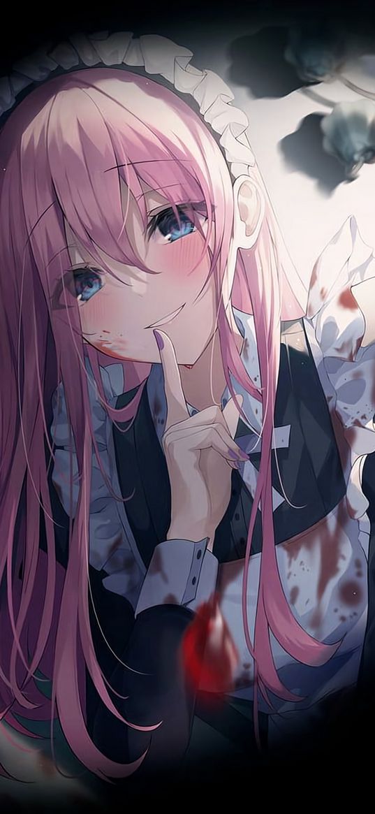 maid, girl, pink hair, blue eyes, smile, cute, anime, art