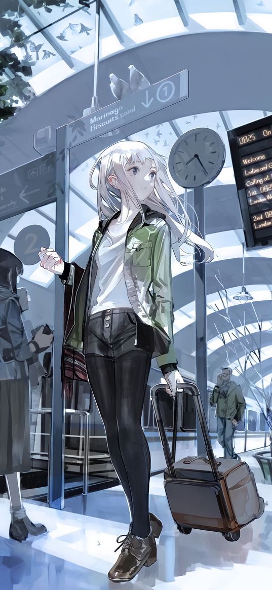 girl, gray hair, suitcase, station, train, train station, anime, art