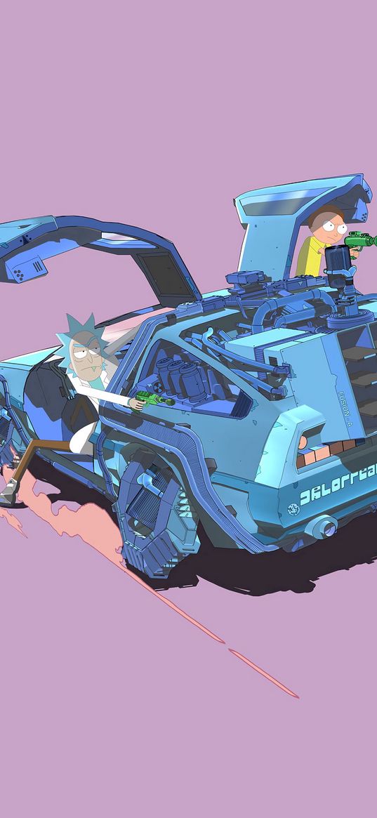 rick and morty, cartoon, boy, scientist, delorean, car, blasters, pink background, art