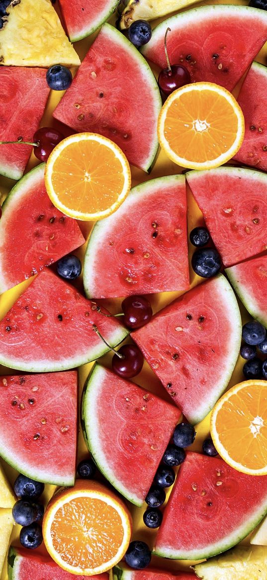 watermelon, orange, berries, fruit, juicy, colorful