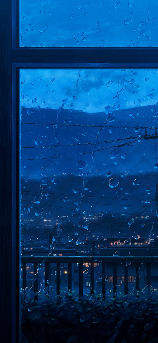 window, rain, drops, city, night, wires, anime, art