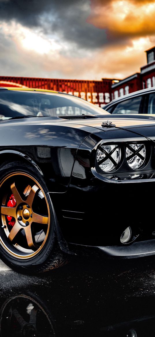 dodge challenger, car, black, headlights, wheel