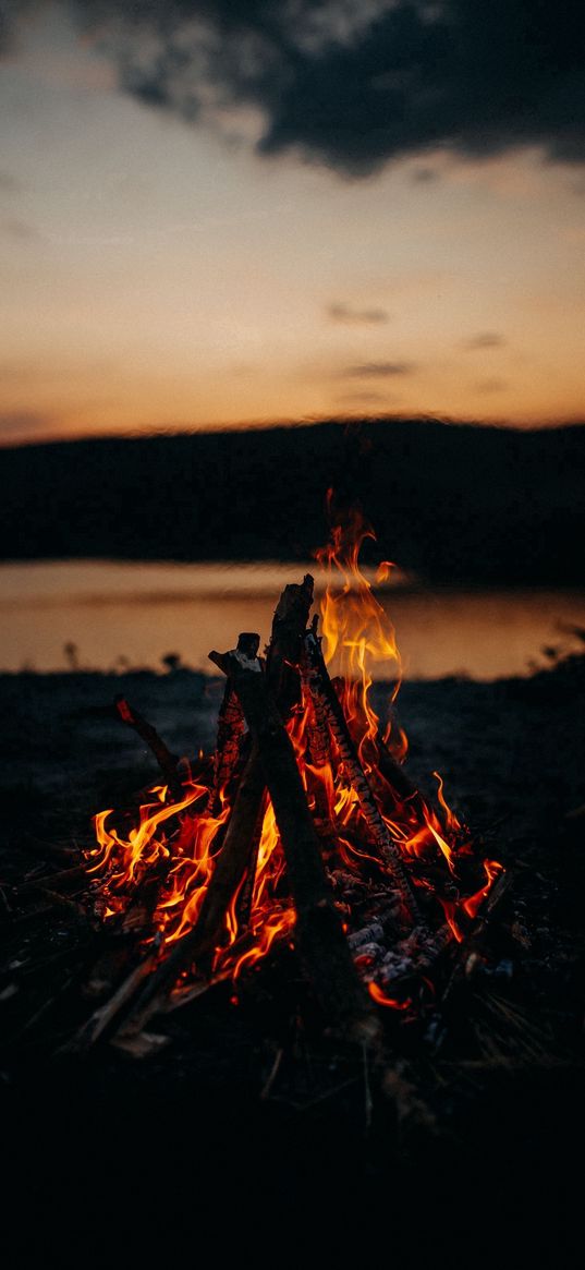 bonfire, fire, flame, sunset, nature