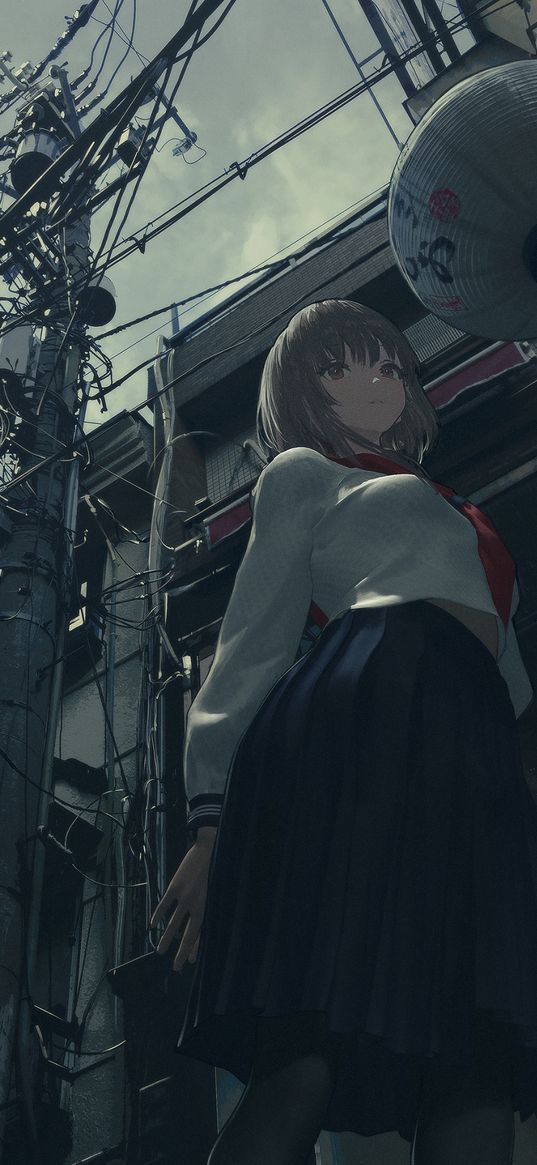 girl, anime, art, pillar, chinese lantern