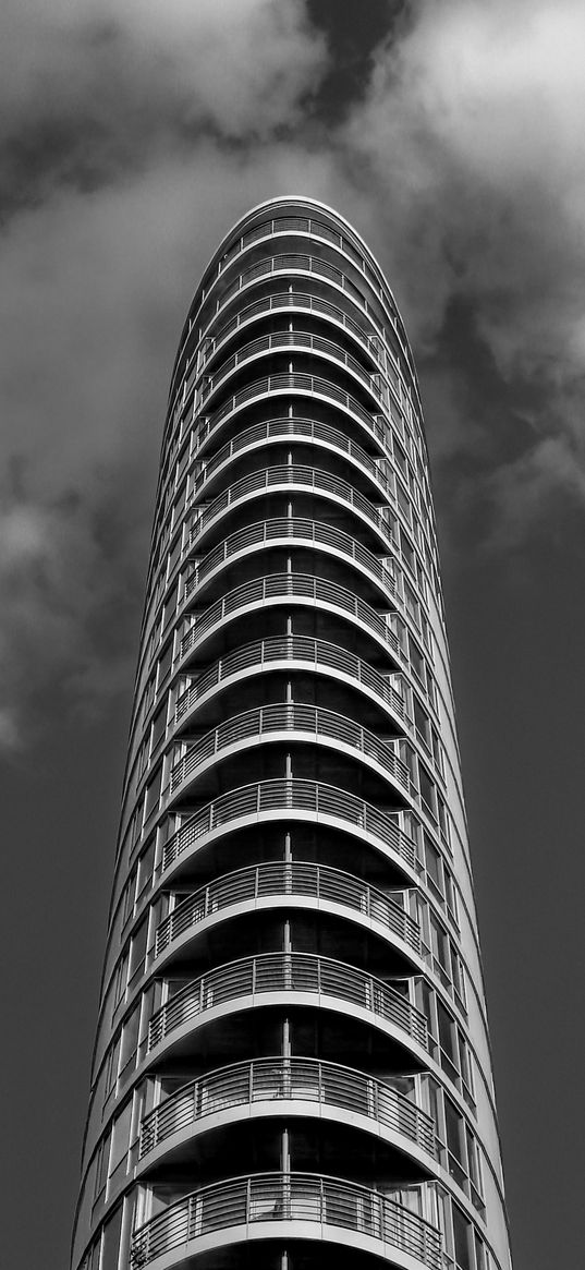 skyscraper, balconies, facade, black and white