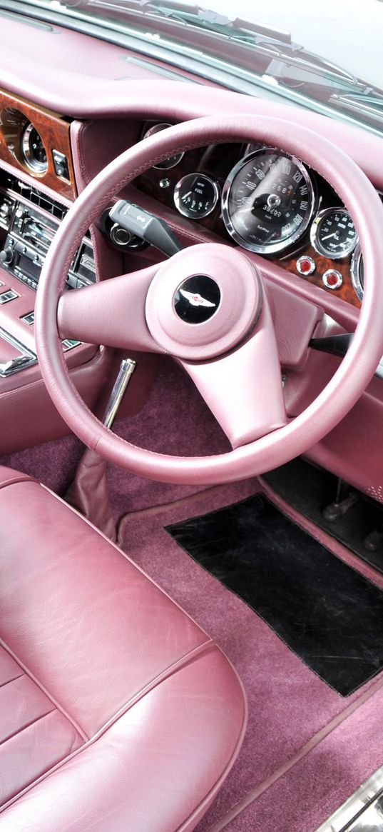 aston martin, lagonda, v8, 1974, pink, salon, interior, steering wheel, speedometer