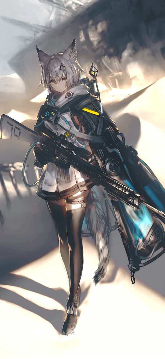 anime, girl, art, weapon, ears, tail