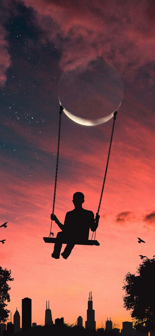 silhouette, man, swing, moon, dark