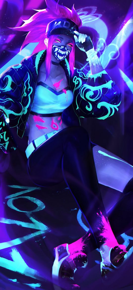 akali, kda, league of legends, anime, girl, game, art, neon