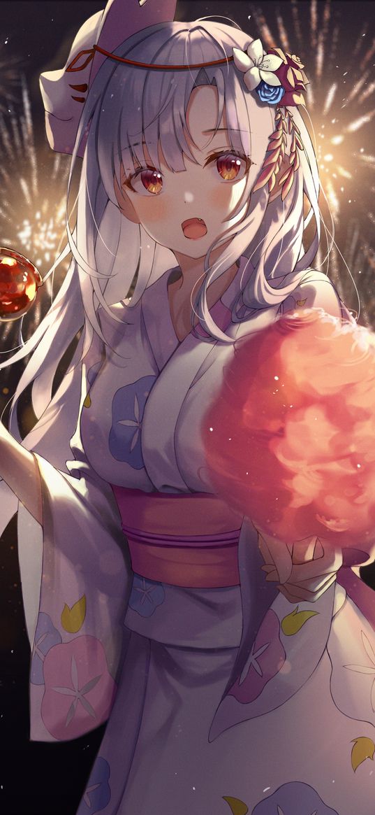 girl, kimono, emotion, cotton candy, anime