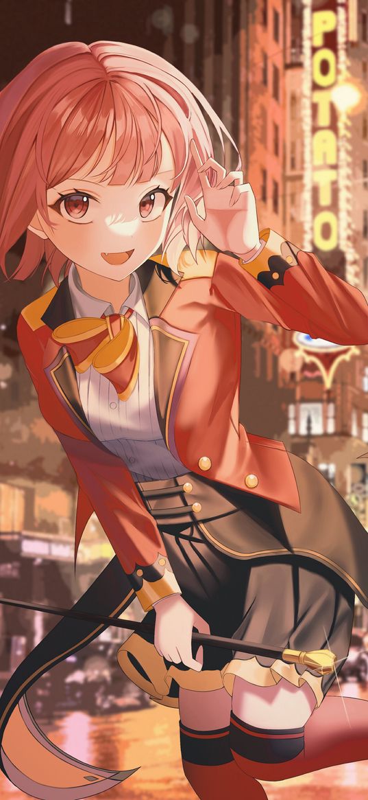 girl, pink hair, tailcoat, cane, smile, street, city, night, anime, art