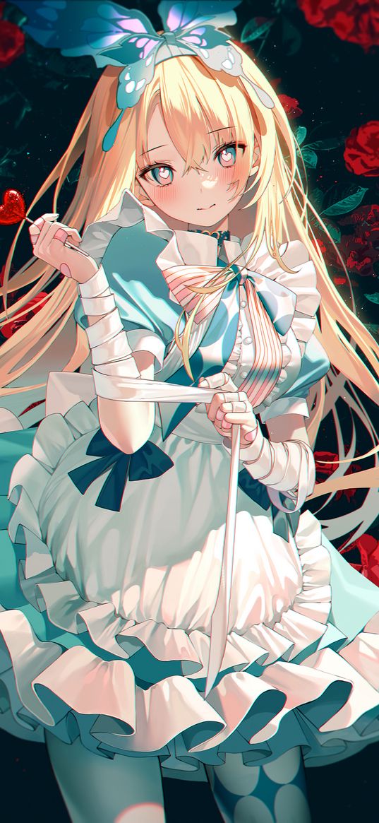 blonde, girl, dress, butterfly, bandages, roses, lollipop, cute, anime, art