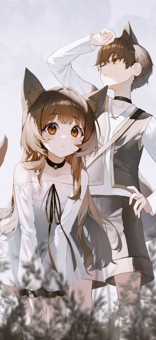 neko, girl, guy, couple, ears, tail, anime, art