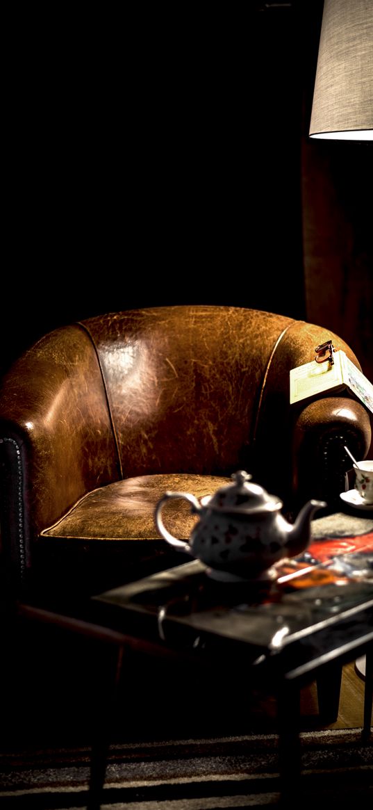 armchair, tea, teapot, book