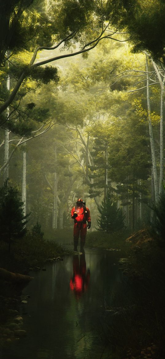 man, gas mask, stream, reflection, forest, art