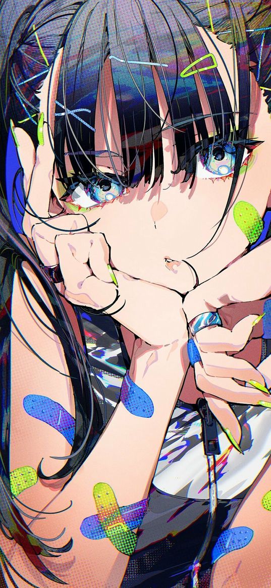 girl, blue eyes, plasters, cute, bright, anime, art